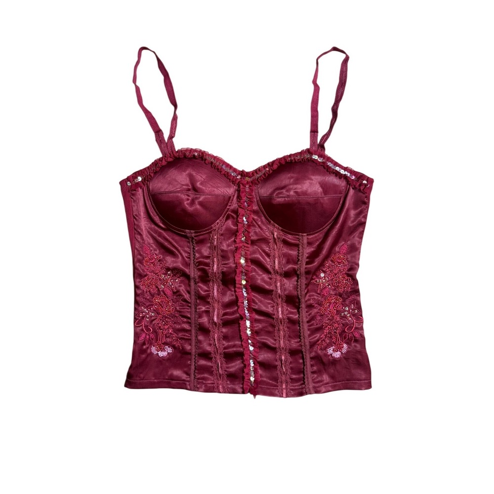 Ginger G Burgundy Satin Corset Top Embroidered Sequin Bustier Cami NWT